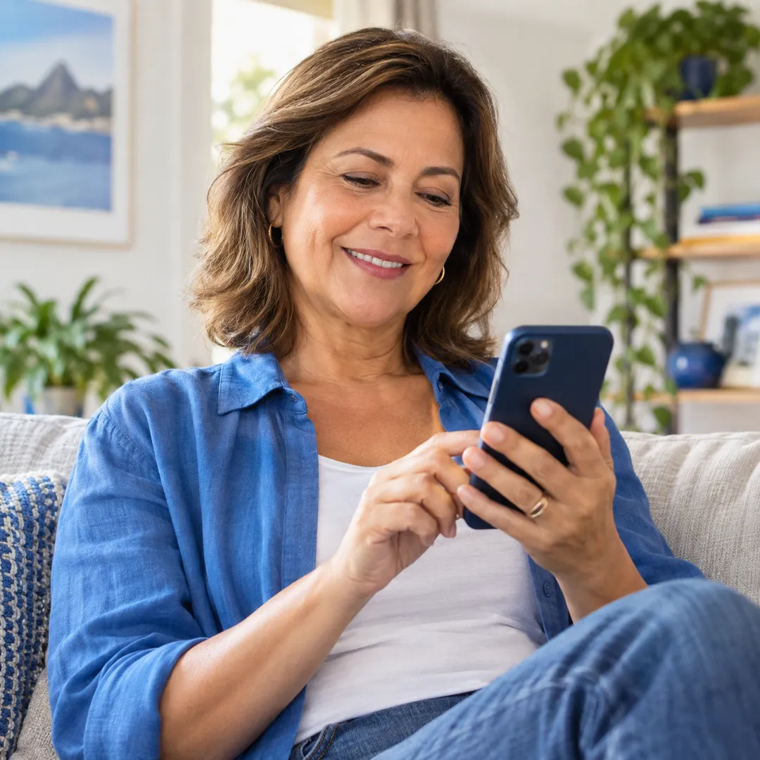 Mulher usando o celular com tranquilidade no sofá de casa